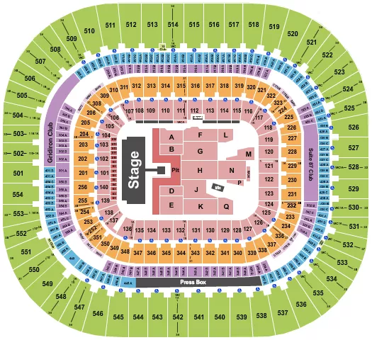 AC/DC Seating Chart at Bank Of America Stadium. The chart shows the main floor/stage with seating options surrounding it, which are color coded