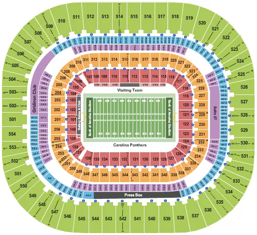 Football NO VFS Seating Chart at Bank Of America Stadium. The chart shows the main floor/stage with seating options surrounding it, which are color coded