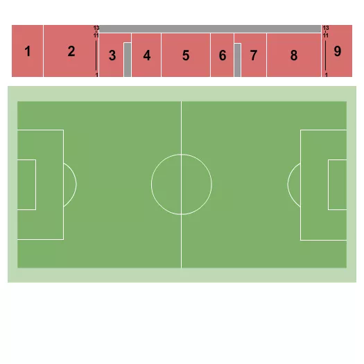 Soccer Seating Chart at Barbara Hibner Soccer Stadium. The chart shows the main floor/stage with seating options surrounding it, which are color coded