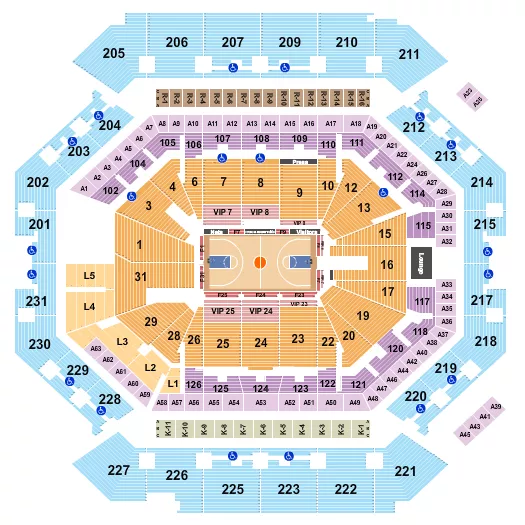 Basketball Row 2 Seating Chart at Barclays Center. The chart shows the main floor/stage with seating options surrounding it, which are color coded