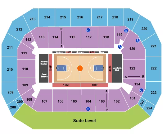 Basketball Seating Chart at Baxter Arena. The chart shows the main floor/stage with seating options surrounding it, which are color coded