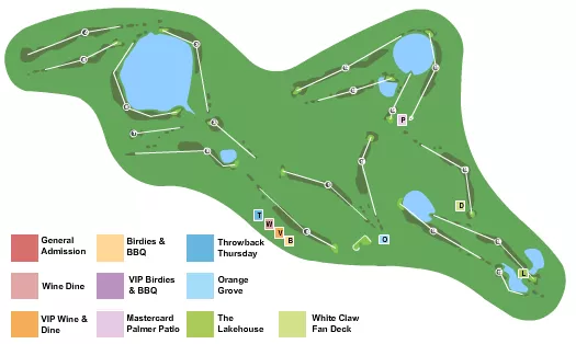 Golf Seating Chart at Bay Hill Golf Club. The chart shows the main floor/stage with seating options surrounding it, which are color coded