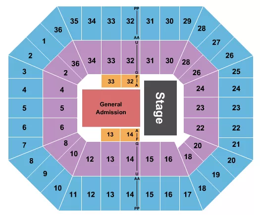 Endstage GA Floor Seating Chart at Beasley Coliseum. The chart shows the main floor/stage with seating options surrounding it, which are color coded