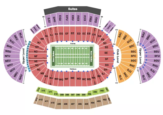Football Seating Chart at West Shore Home Field At Beaver Stadium. The chart shows the main floor/stage with seating options surrounding it, which are color coded