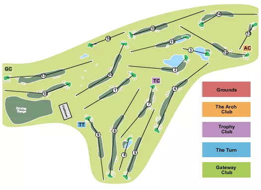Golf Seating Chart at Bellerive Country Club. The chart shows the main floor/stage with seating options surrounding it, which are color coded