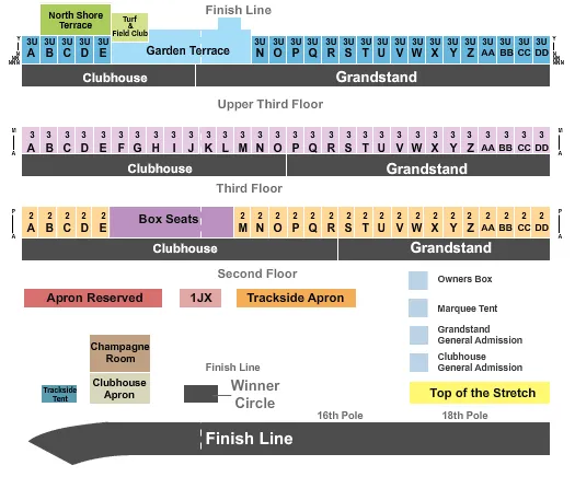 Belmont Stakes Seating Chart at Belmont Park Raceway. The chart shows the main floor/stage with seating options surrounding it, which are color coded