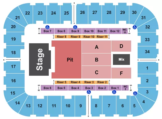Billy Strings Seating Chart at Berglund Center Coliseum. The chart shows the main floor/stage with seating options surrounding it, which are color coded