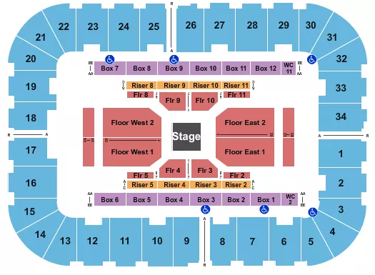 Center Stage Seating Chart at Berglund Center Coliseum. The chart shows the main floor/stage with seating options surrounding it, which are color coded