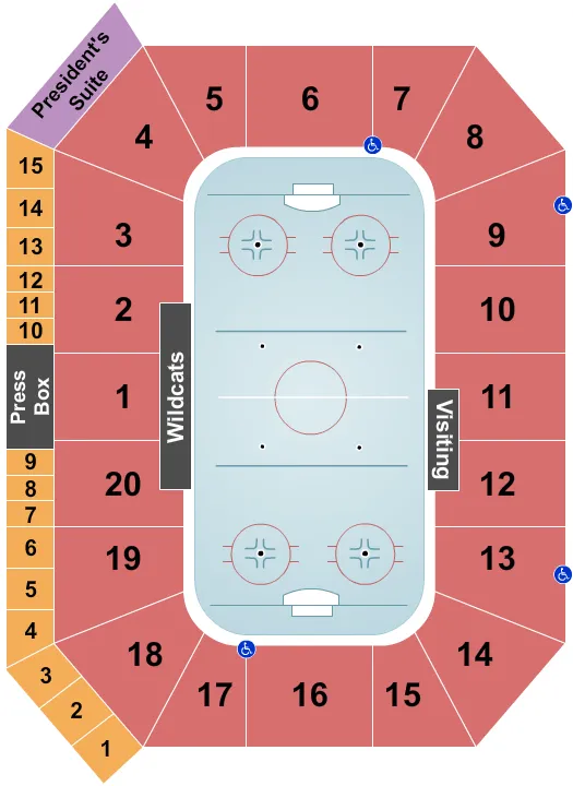 Hockey Seating Chart at Berry Events Center. The chart shows the main floor/stage with seating options surrounding it, which are color coded