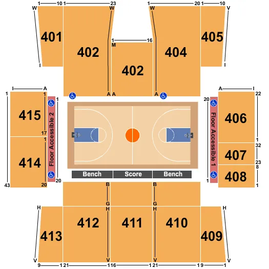 Basketball Seating Chart at Betty Engelstad Sioux Center. The chart shows the main floor/stage with seating options surrounding it, which are color coded