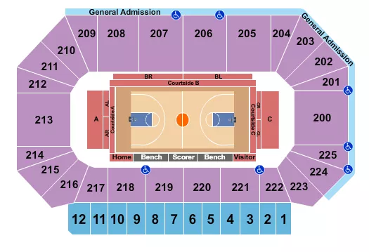 Basketball 2 Seating Chart at Big Iron Events Center. The chart shows the main floor/stage with seating options surrounding it, which are color coded