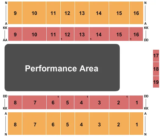 PBR Seating Chart at Marshall Health Network Arena. The chart shows the main floor/stage with seating options surrounding it, which are color coded