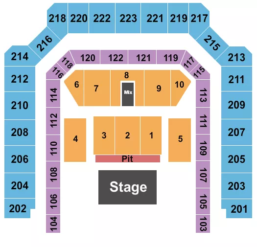 Endstage Pit 3 Seating Chart at Bill Graham Civic Auditorium. The chart shows the main floor/stage with seating options surrounding it, which are color coded