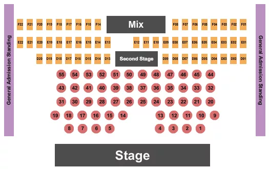 Endstage Tables Seating Chart at Billy Bobs. The chart shows the main floor/stage with seating options surrounding it, which are color coded