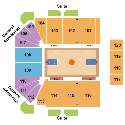 Basketball Seating Chart at Binghamton University Events Center. The chart shows the main floor/stage with seating options surrounding it, which are color coded