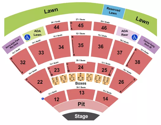 Endstage GA Pit & RSV Lawn Seating Chart at Blossom Music Center. The chart shows the main floor/stage with seating options surrounding it, which are color coded