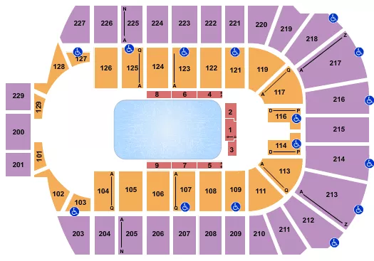Disney On Ice 2 Seating Chart at Blue Cross Arena. The chart shows the main floor/stage with seating options surrounding it, which are color coded