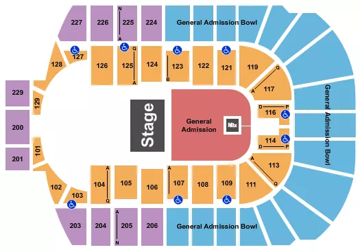 Half House GA Floor/Upper GA Seating Chart at Blue Cross Arena. The chart shows the main floor/stage with seating options surrounding it, which are color coded