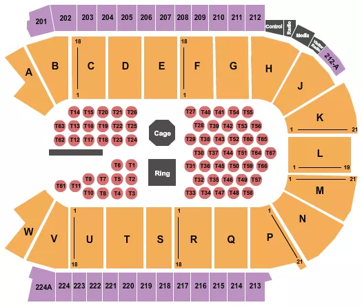 Bare Knuckles 2 Seating Chart at Blue Federal Credit Union Arena. The chart shows the main floor/stage with seating options surrounding it, which are color coded