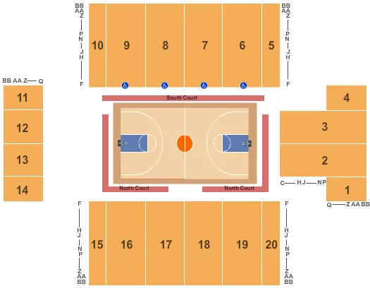 Basketball 2 Seating Chart at Bob Carpenter Center At University of Delaware. The chart shows the main floor/stage with seating options surrounding it, which are color coded