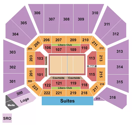 Volleyball 2026 Seating Chart at Bob Devaney Sports Center. The chart shows the main floor/stage with seating options surrounding it, which are color coded