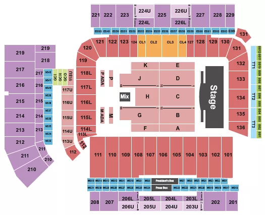 Bruno Mars Seating Chart at Bobby Dodd Stadium. The chart shows the main floor/stage with seating options surrounding it, which are color coded
