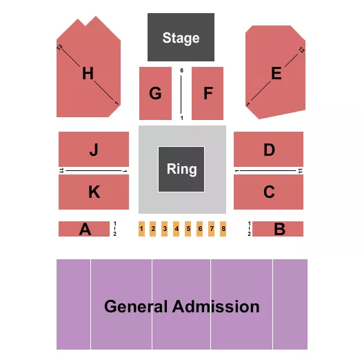 Boxing with Riser 2 Seating Chart at Boeing Center at Tech Port. The chart shows the main floor/stage with seating options surrounding it, which are color coded
