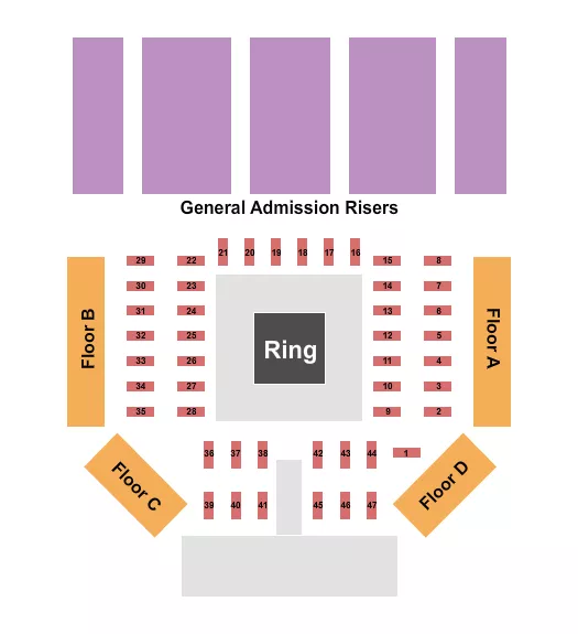 Boxing - Tables & Risers Seating Chart at Boeing Center at Tech Port. The chart shows the main floor/stage with seating options surrounding it, which are color coded