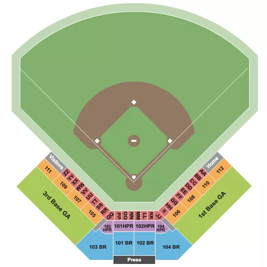 Baseball 2 Seating Chart at Bohl Diamond at Blair Field. The chart shows the main floor/stage with seating options surrounding it, which are color coded