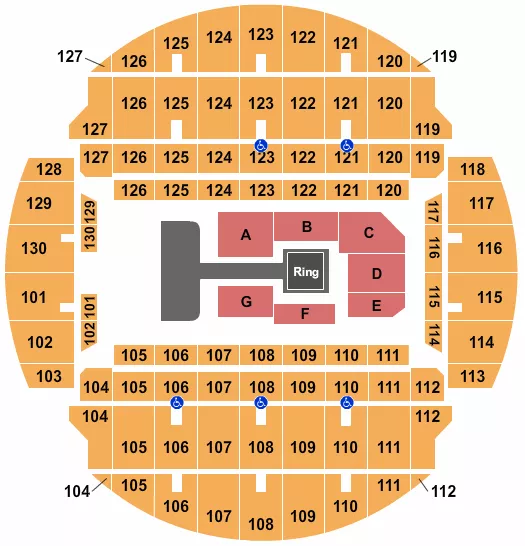 All Elite Wrestling Seating Chart at Bojangles Coliseum. The chart shows the main floor/stage with seating options surrounding it, which are color coded