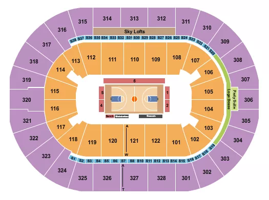 Basketball - Globetrotters Seating Chart at BOK Center. The chart shows the main floor/stage with seating options surrounding it, which are color coded