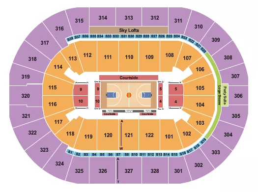 Basketball Seating Chart at BOK Center. The chart shows the main floor/stage with seating options surrounding it, which are color coded
