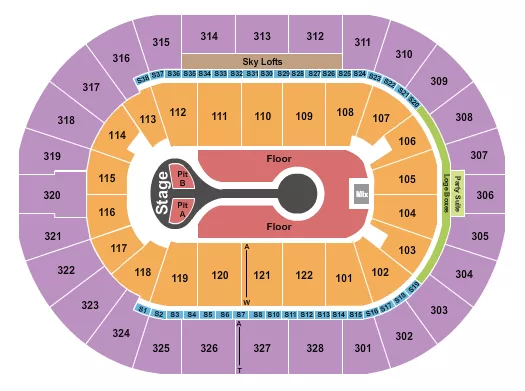 Benson Boone Seating Chart at BOK Center. The chart shows the main floor/stage with seating options surrounding it, which are color coded
