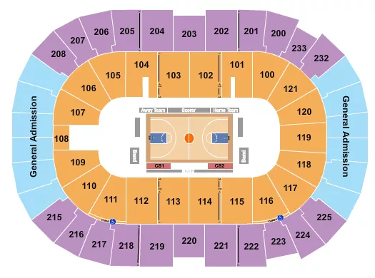 Basketball - Womens Tourney 2 Seating Chart at Bon Secours Wellness Arena. The chart shows the main floor/stage with seating options surrounding it, which are color coded