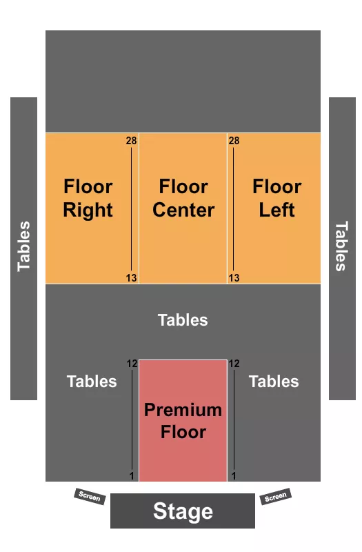 Endstage - Premium Floor & Tables 2 Seating Chart at Graham Field House At Bonnyville & District Centennial Centre. The chart shows the main floor/stage with seating options surrounding it, which are color coded