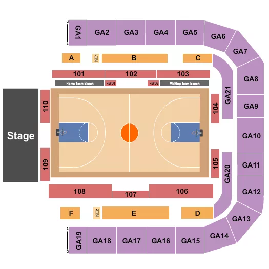 Basketball Seating Chart at Boutwell Auditorium. The chart shows the main floor/stage with seating options surrounding it, which are color coded