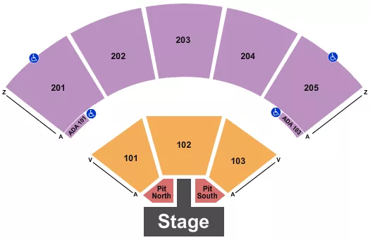 Endstage Catwalk w/ RSV Pits Seating Chart at Brandon Amphitheater. The chart shows the main floor/stage with seating options surrounding it, which are color coded