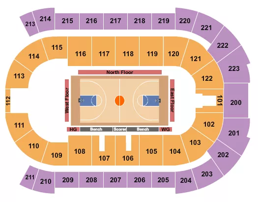 Basketball - Globetrotters Seating Chart at Brandt Centre - Evraz Place. The chart shows the main floor/stage with seating options surrounding it, which are color coded