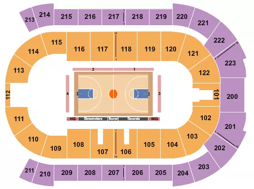 Basketball - Globetrotters Seating Chart at Brandt Centre. The chart shows the main floor/stage with seating options surrounding it, which are color coded