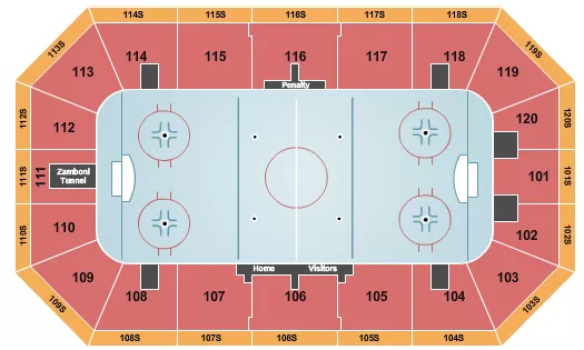 Hockey Seating Chart at Brantford Civic Centre. The chart shows the main floor/stage with seating options surrounding it, which are color coded