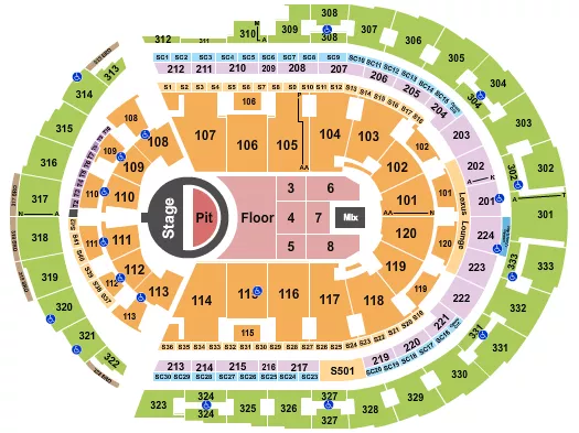 5 Seconds of Summer Seating Chart at Bridgestone Arena. The chart shows the main floor/stage with seating options surrounding it, which are color coded