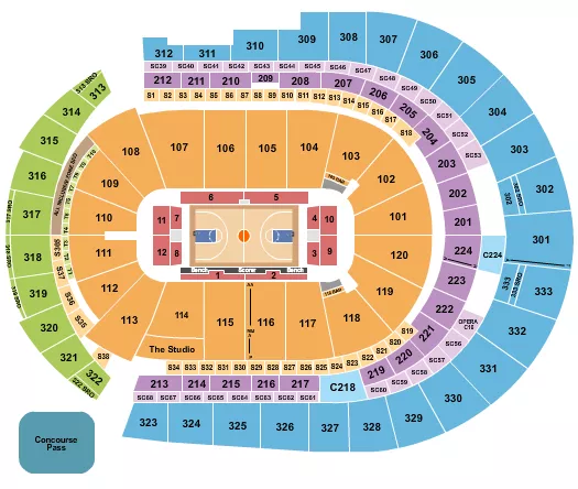 Basketball - College Seating Chart at Bridgestone Arena. The chart shows the main floor/stage with seating options surrounding it, which are color coded