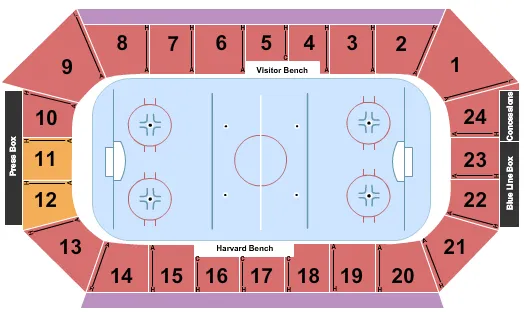 Hockey Seating Chart at Bright-Landry Hockey Center. The chart shows the main floor/stage with seating options surrounding it, which are color coded