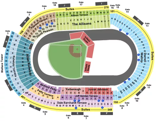 Baseball Seating Chart at Bristol Motor Speedway. The chart shows the main floor/stage with seating options surrounding it, which are color coded