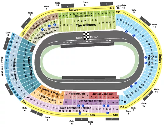 Racing Seating Chart at Bristol Motor Speedway. The chart shows the main floor/stage with seating options surrounding it, which are color coded