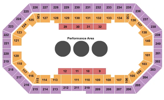 Kosair Shrine Circus Seating Chart at Broadbent Arena. The chart shows the main floor/stage with seating options surrounding it, which are color coded