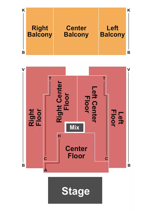 Endstage 2 Seating Chart at Bronson Centre Theatre. The chart shows the main floor/stage with seating options surrounding it, which are color coded