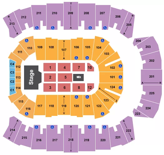 Endstage 9 Seating Chart at Brookshire Grocery Arena. The chart shows the main floor/stage with seating options surrounding it, which are color coded