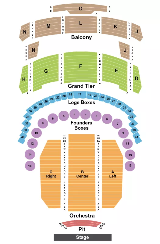 End Stage Seating Chart at Brown Theater at Wortham Center. The chart shows the main floor/stage with seating options surrounding it, which are color coded