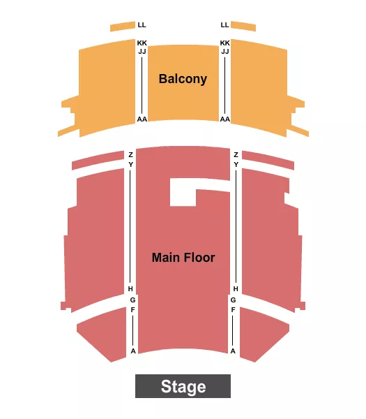 End Stage Seating Chart at Browning Center for the Performing Arts. The chart shows the main floor/stage with seating options surrounding it, which are color coded